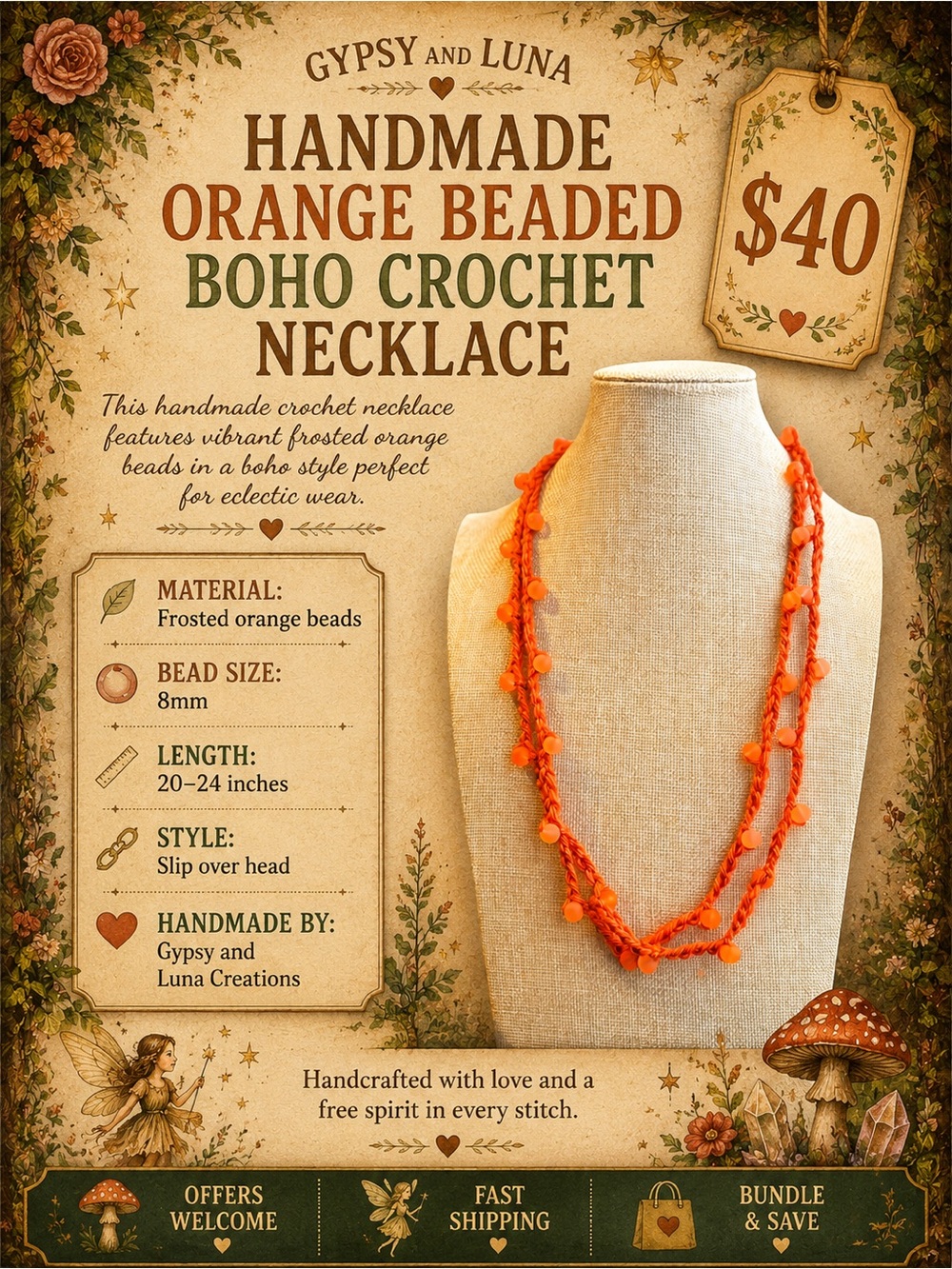 Handmade Orange Beaded Boho Crochet Necklace